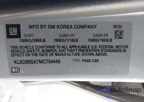 2021 Chevrolet Spark Fwd Ls Automatic z USA, uszkodzony, nr VIN KL8CB6SA7MC704449